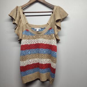 Cato Crochet Top Women Size L Tan Red Stripes Sleeveless Bohemian Spring Casual